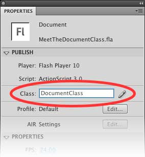 в текстовом поле Class панели Properties введите DocumentClass