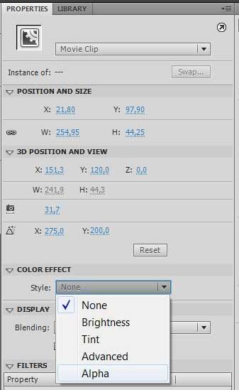 Настройки стиля alpha в color effect на панели свойств properties в Adobe Flash