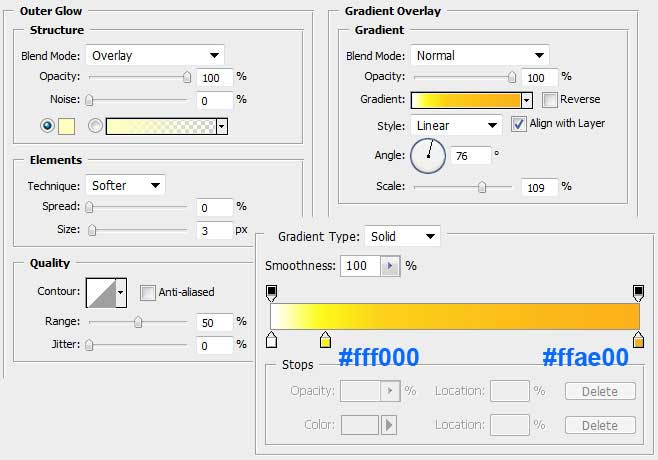 Установка параметров слоя Outer Glow и Gradient Overlay для внутреннего векторного объекта в Photoshop