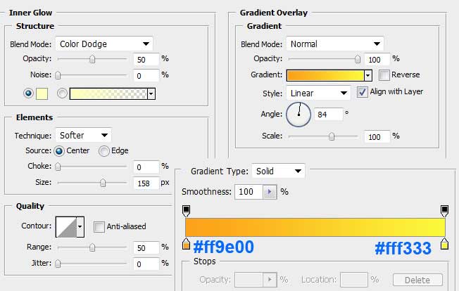 Установка параметров Inner Glow и Gradient Overlay для основного слоя в Photoshop