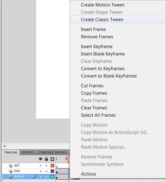 Создание Tween-анимации между ключевыми кадрами кнопки и звездочки в Adobe Flash