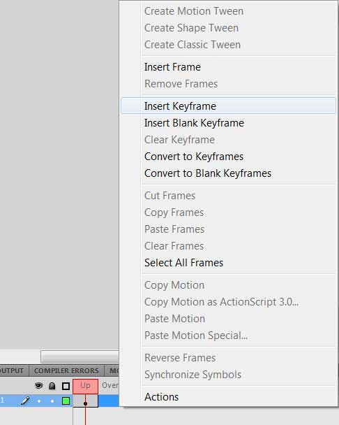 Добавление ключевых кадров кнопке в Adobe Flash